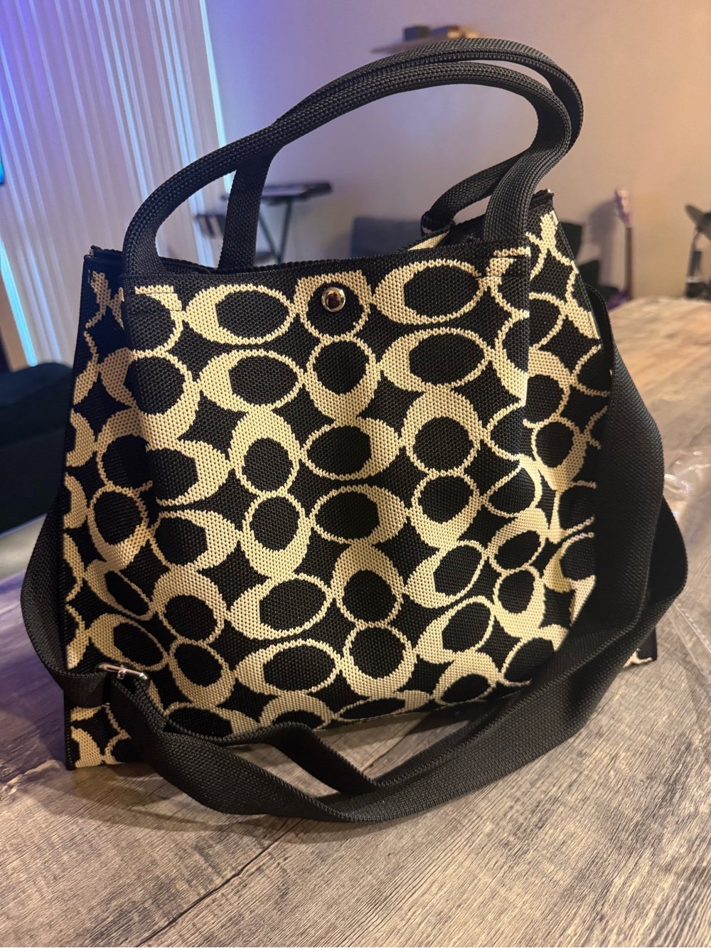 Black & Cream Patterned Tote Bag with Shoulder Strap